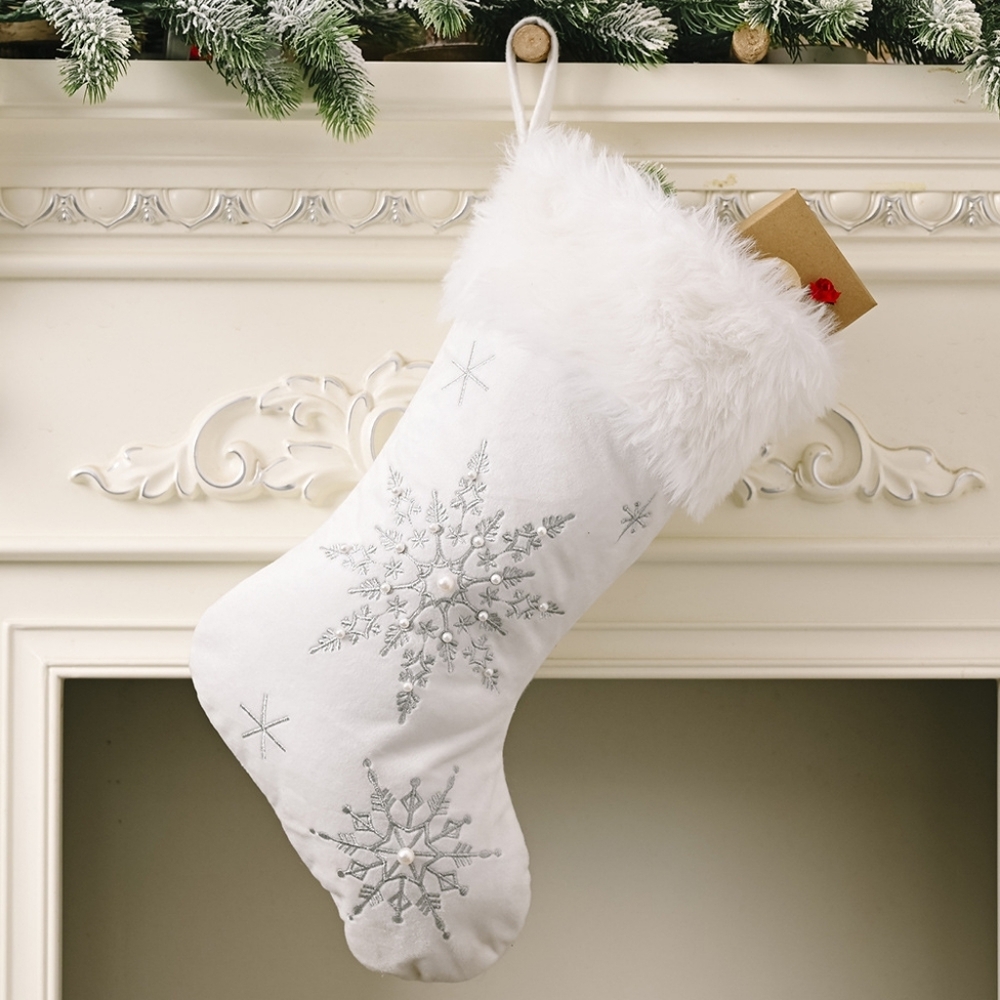 Faux Fur Embroidered Snowflake Beaded Holiday Christmas Stocking Festive Decor
